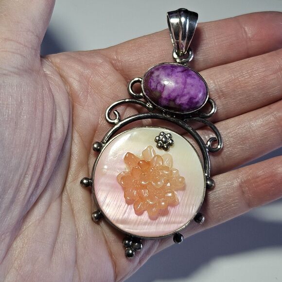 **Sale** Sterling Silver Mother Of Pearl And Purple Semiprecious Gemstone - Picture 1 of 10